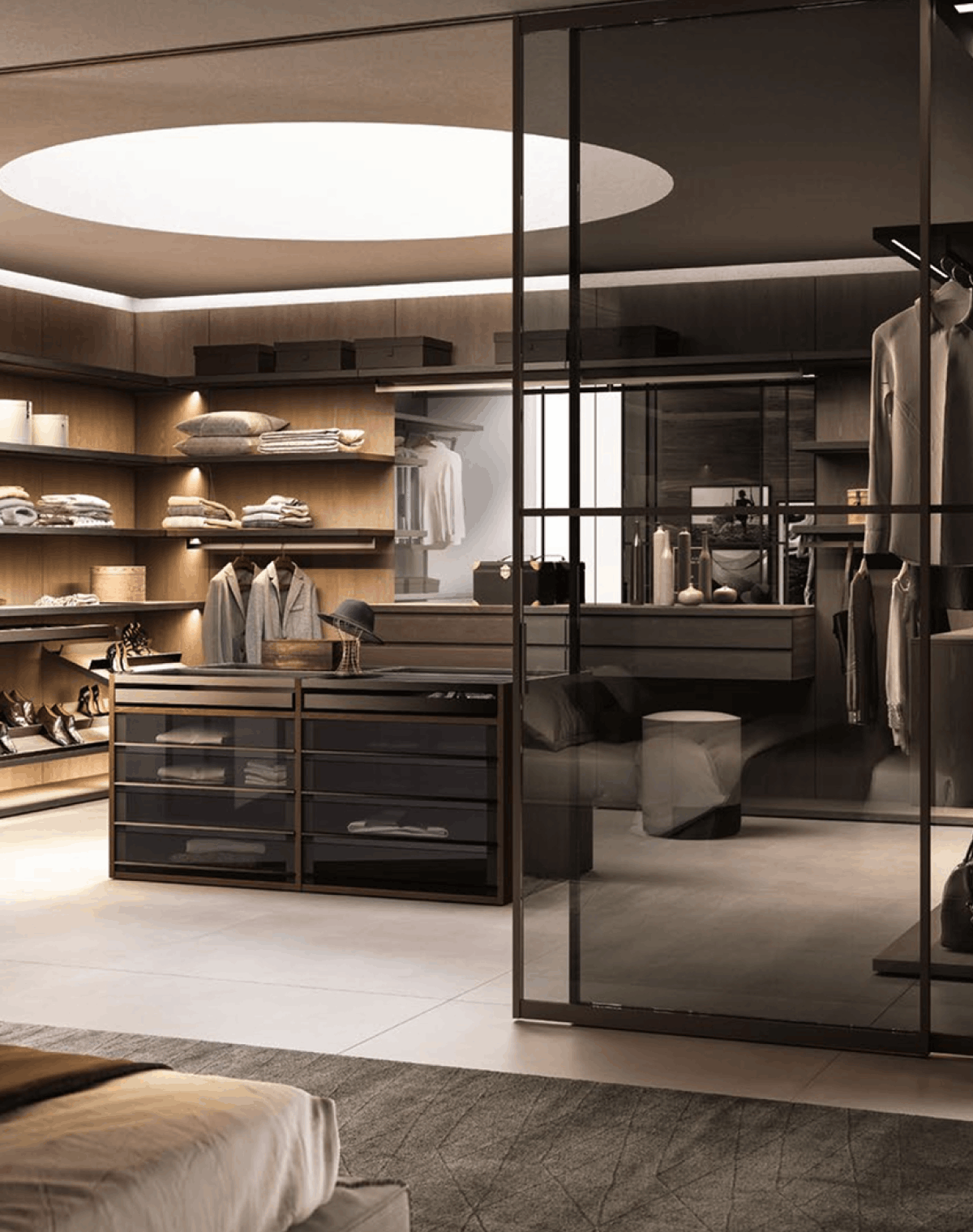 Cabina armadio walk-in legno bronzo e vetro — NottiAmo Piacenza