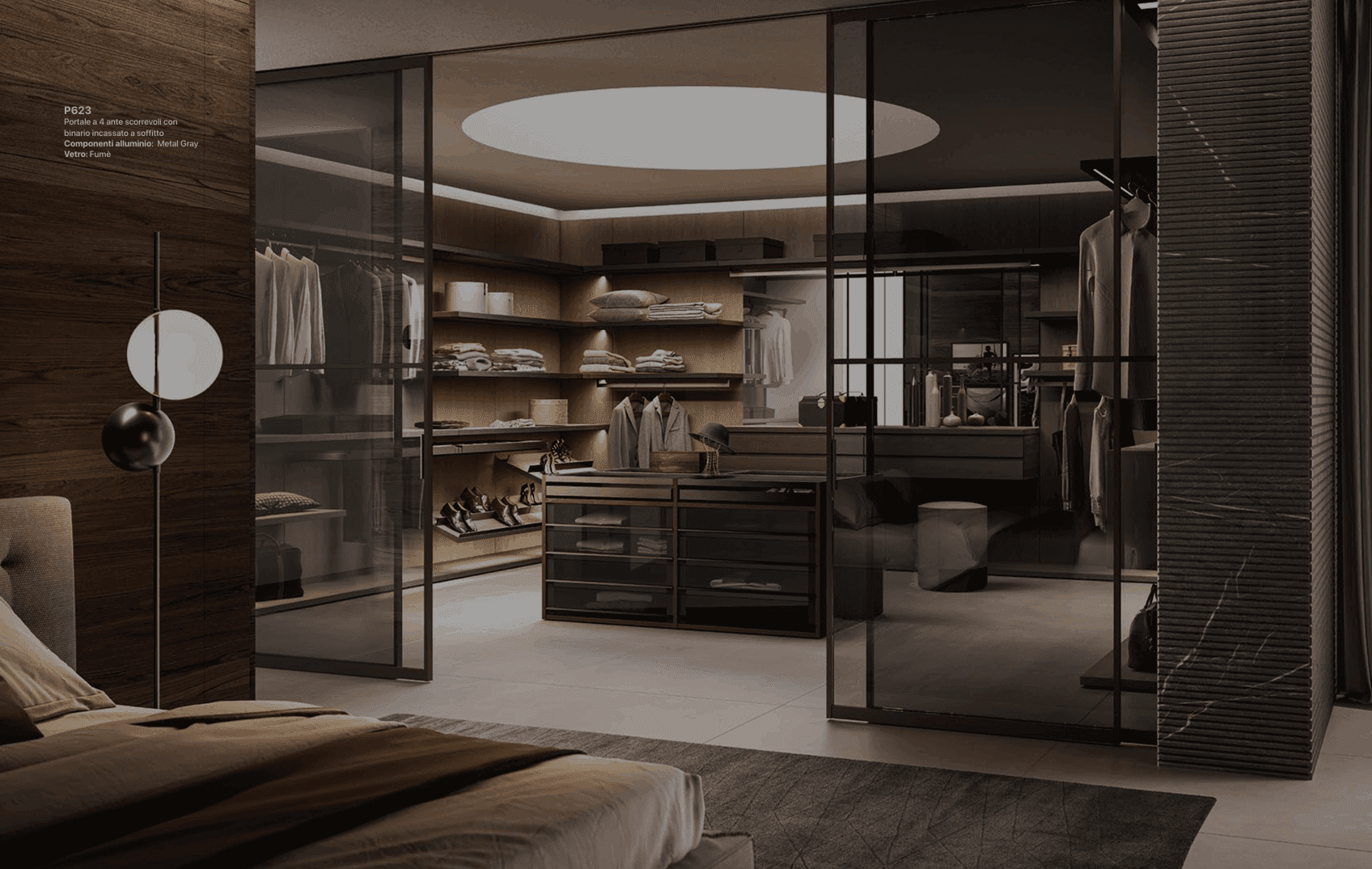 Cabina armadio walk-in lusso versione scura vetro fumé — NottiAmo Piacenza