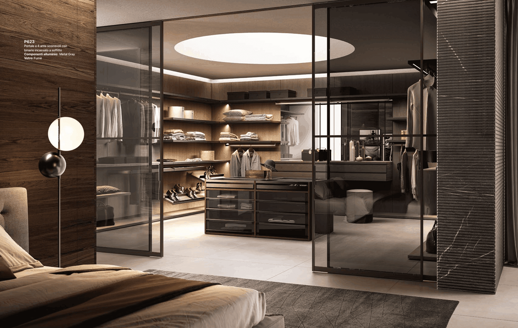 Cabina armadio walk-in di lusso vetro fumé e isola centrale — NottiAmo Piacenza